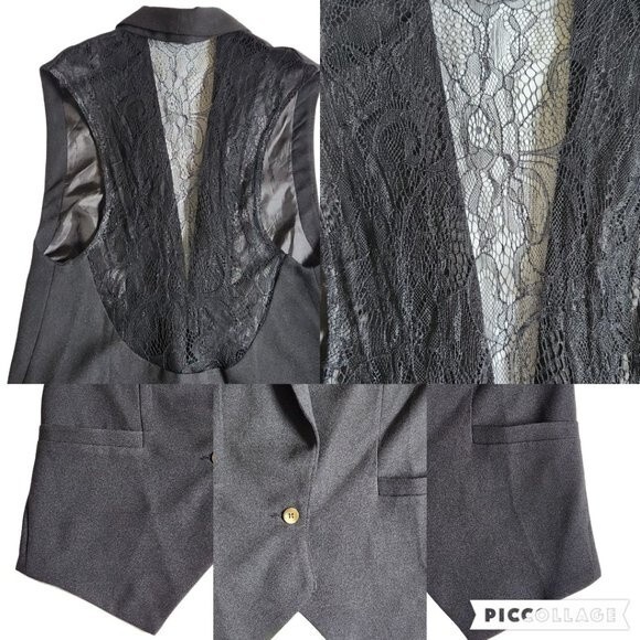 Forever 21 black one button v neck sleeveless vest with lace back detail sz S - Picture 8 of 11